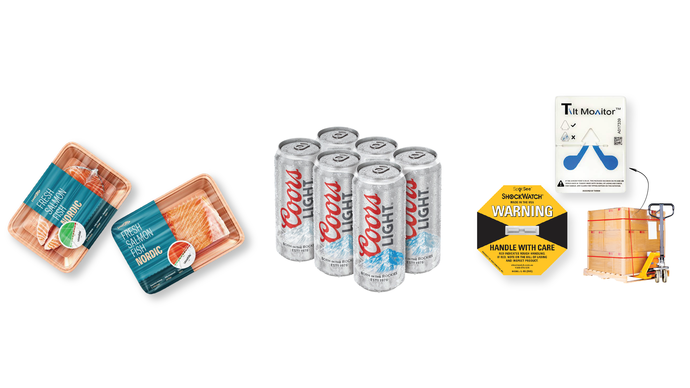 Examples of intelligent packaging: freshness indicator labels on packaged salmon, temperature-sensitive beer cans, and freight tilt and shock indicators.
