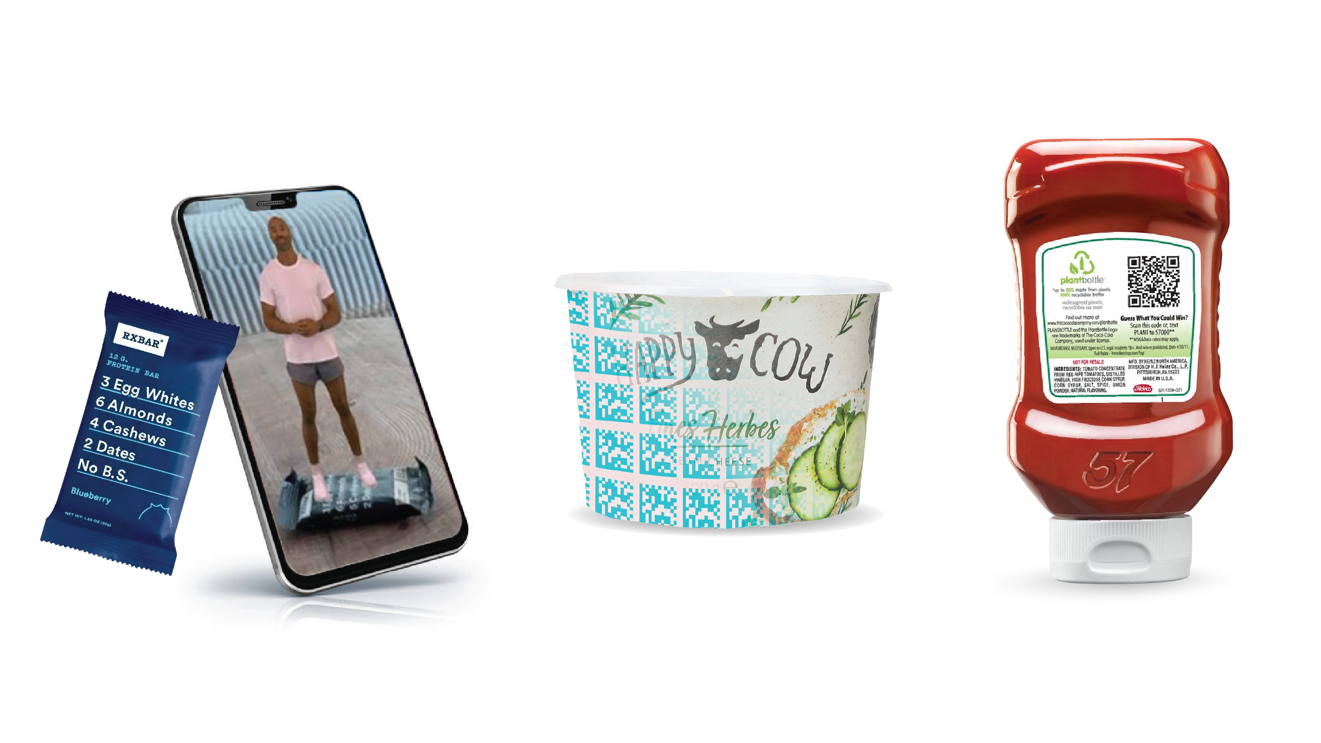 Examples of connected packaging: a smartphone AR experience triggered by a protein bar, digital watermark graphics on a tub, and a 2D QR code on a ketchup bottle.