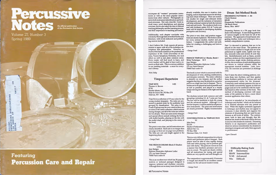 Drumming Patterns Review by Percussive Notes Magazine (cover and photocopy of review)