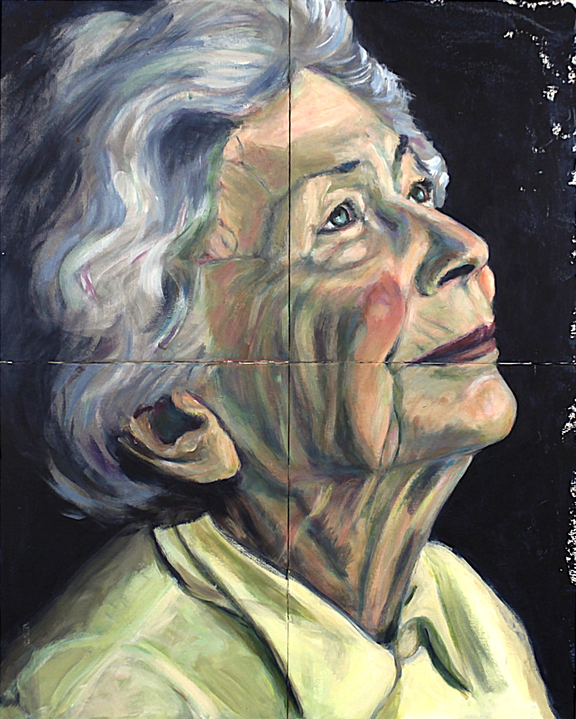 Oude dame met melancholische blik, geschilderd in acryl op canvas board