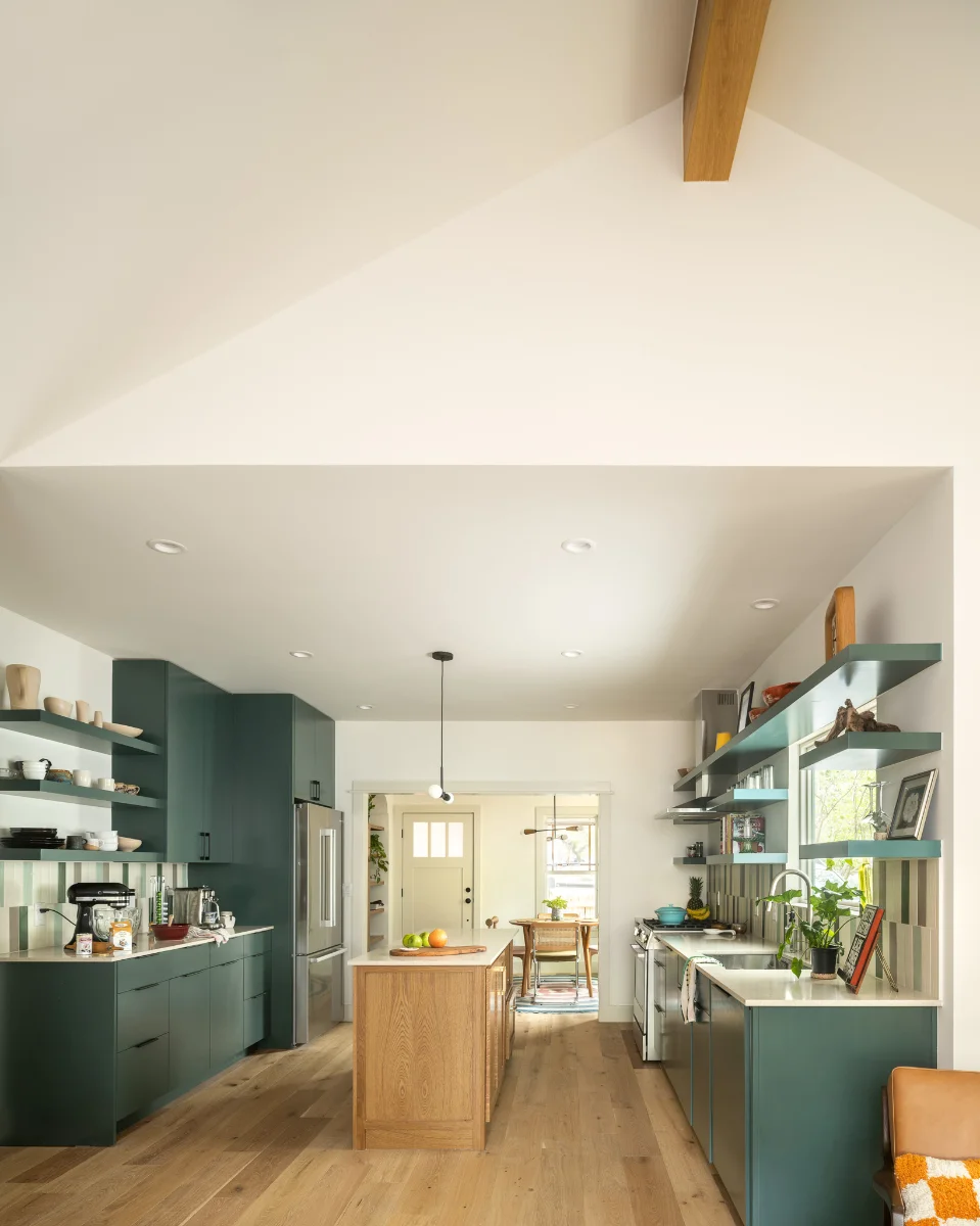 An alternate angle of the SOCO Duo kitchen, showing the full room leading into the dining area.