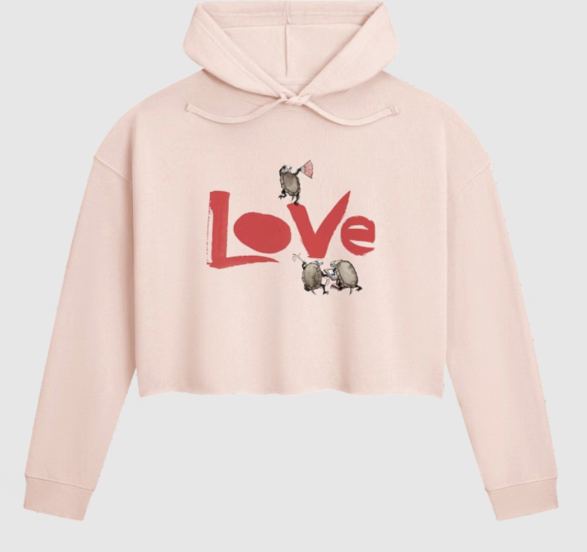 Pink cropped LOVE hoodie featuring Sveta Dorosheva's artwork