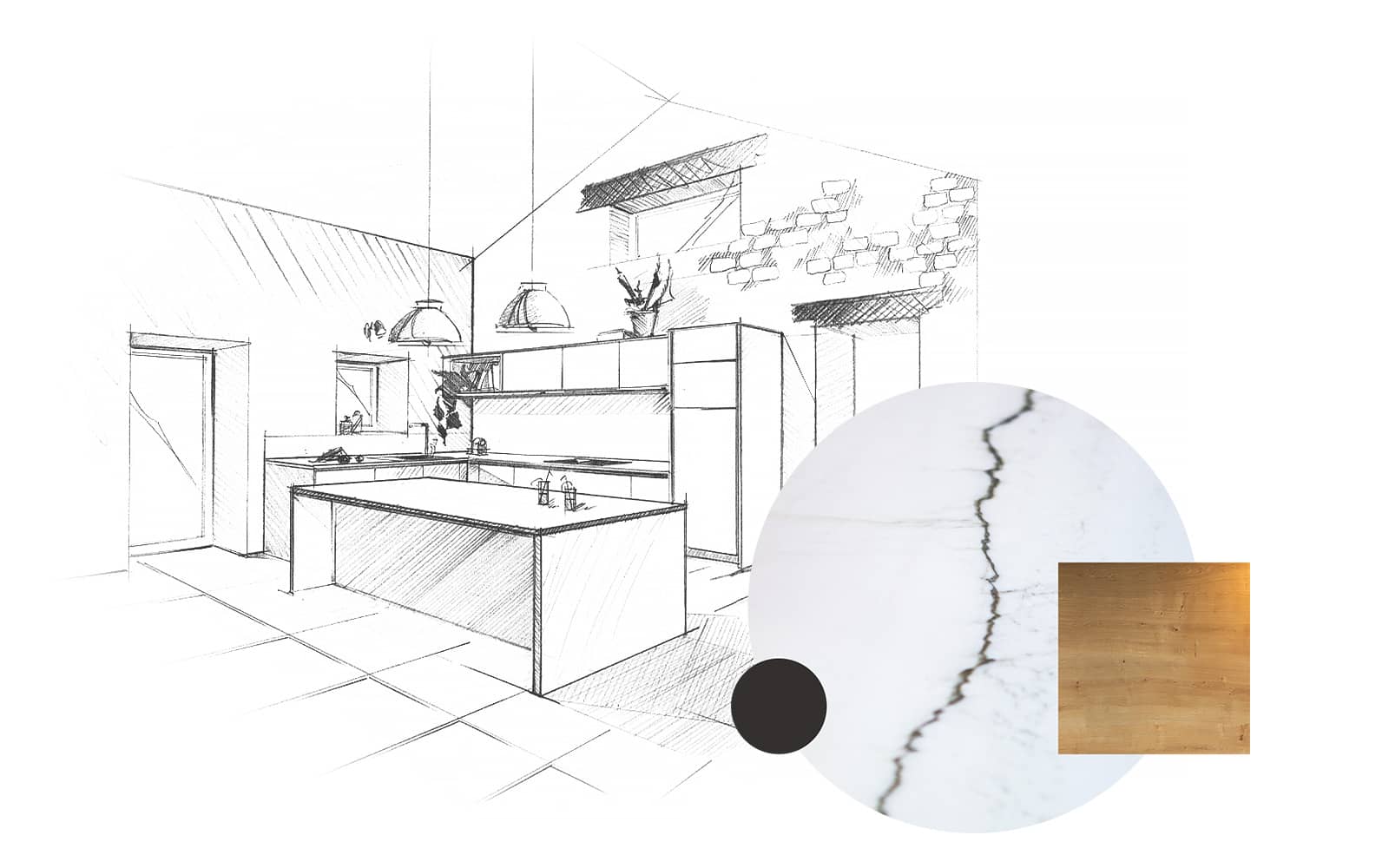 Projet de l'Atelier de Léa : dessin en perspective et échantillons d'une cuisine contemporaine minimaliste blanche sur-mesure.