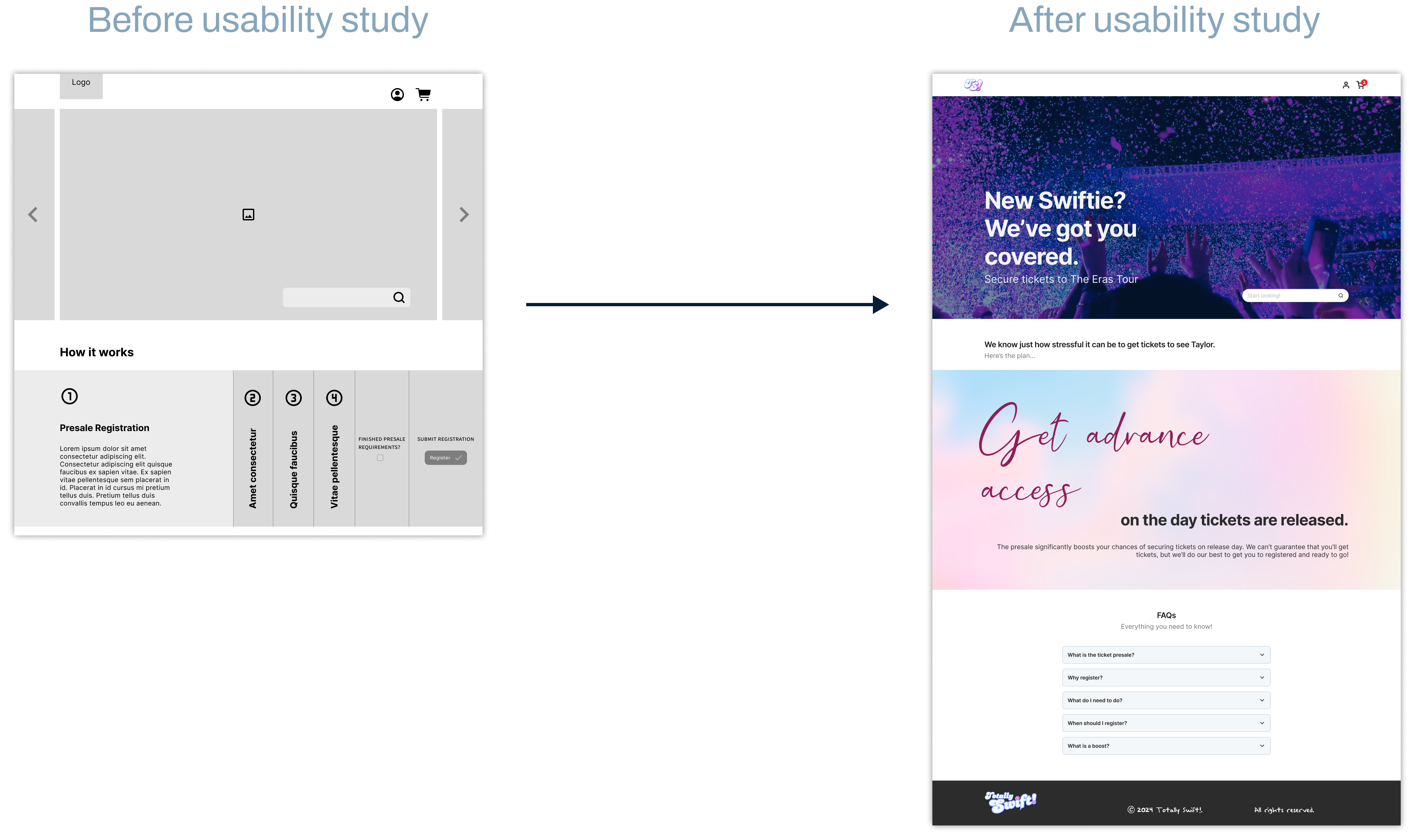Home page mockup (for desktop), before and after the usability study