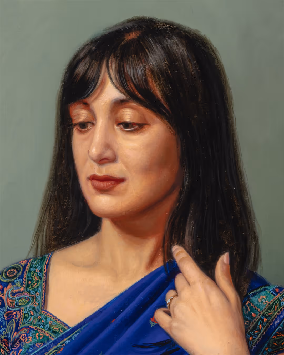 Close-up detail from an oil portrait painting showing subtle edge handling, color transitions, and realistic facial structure