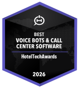 Hexagonal award badge reading Best Voice Bots & Call Center Software HotelTechAwards 2026 with a clock icon above the text.