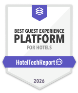 Badge labeled Best Guest Experience Platform for Hotels by HotelTechReport with a clock icon and year 2026.
