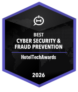 Hexagonal award plaque stating Best Cyber Security & Fraud Prevention HotelTechAwards 2026.