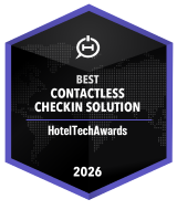 Hexagonal badge reading Best Contactless Checkin Solution HotelTechAwards 2026 with a clock icon.