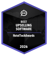 Hexagonal badge for Best Upselling Software awarded by HotelTechAwards in 2026.