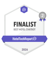 Hotel Tech Report 2026 finalist badge for Best Hotel Chatbot with a silver ribbon labeled 2.