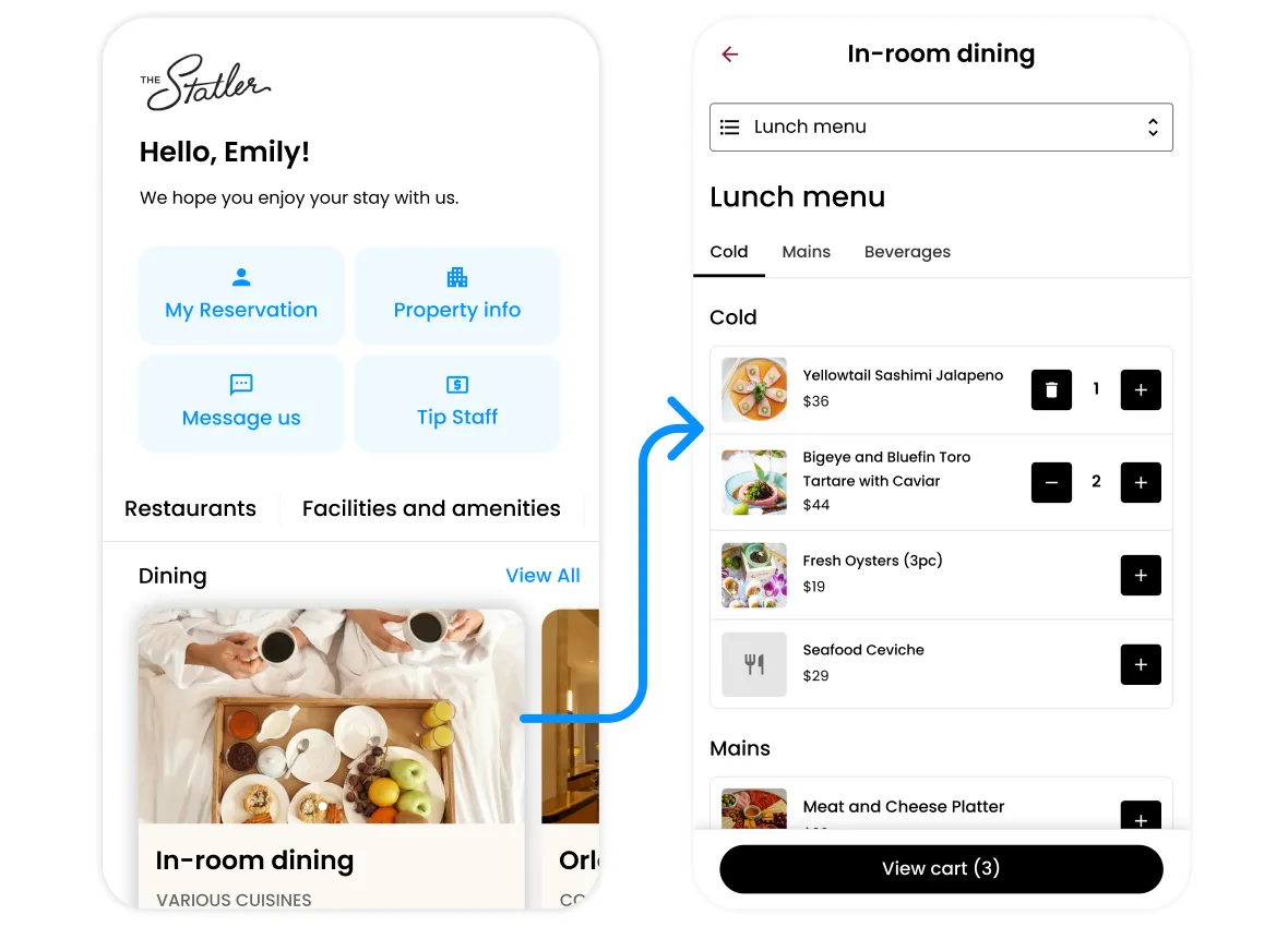 Frau betritt Hotel mit Smartphone-Schlüssel