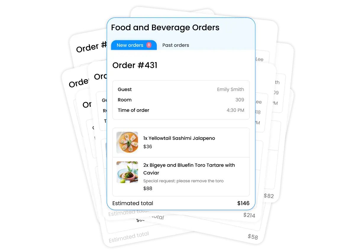 Food and beverage orders interface showing Order #431 for guest Emily Smith in room 309 at 4:30 PM with items Yellowtail Sashimi Jalapeno and Bigeye and Bluefin Toro Tartare with Caviar, total $146.