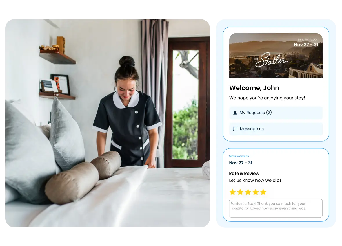 Housekeeper making a bed in a hotel room beside a welcome screen showing guest John’s requests and a five-star hotel review.