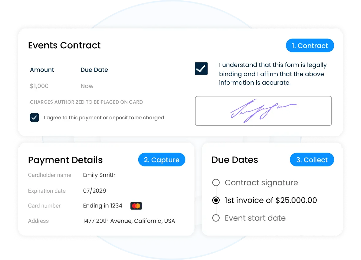 Events contract overview showing $1,000 amount due now with payment agreement and signature, payment details for Emily Smith, and due dates highlighting the first invoice of $25,000.