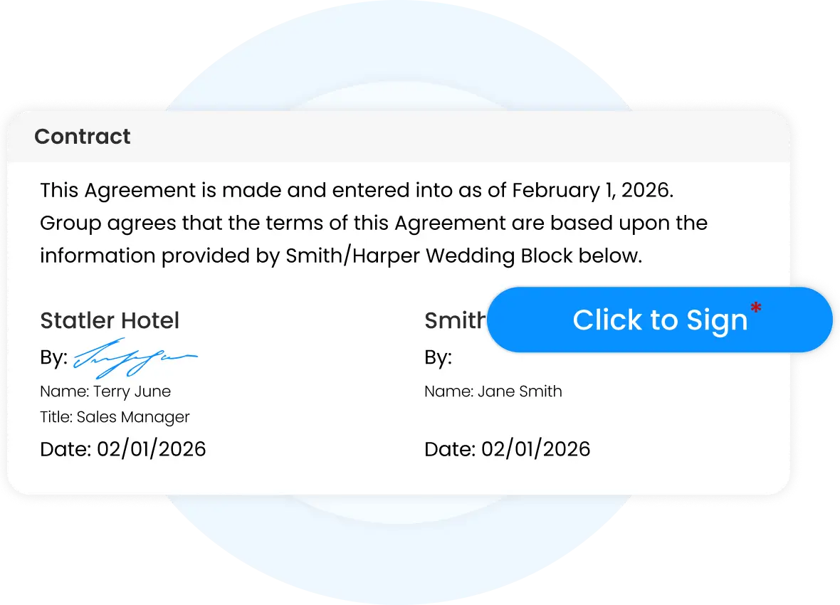 Digital contract dated February 1, 2026, with signatures for Statler Hotel by Terry June, Sales Manager, and a prompt to sign for Smith/Harper Wedding Block by Jane Smith.