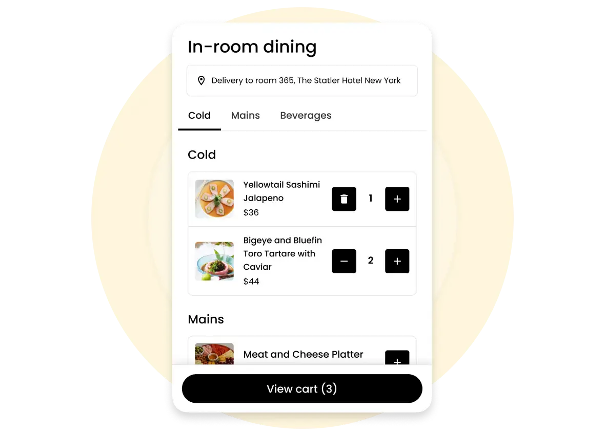 In-room dining menu showing cold dishes with images, names, prices, and quantity controls for Yellowtail Sashimi Jalapeno and Bigeye and Bluefin Toro Tartare with Caviar, plus a partially visible mains section and a View cart button indicating 3 items.