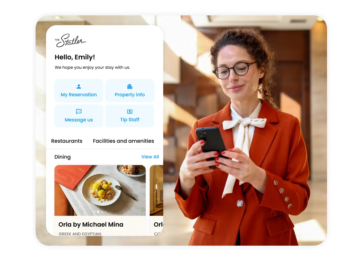 Woman in an orange blazer with glasses using a smartphone, with a hotel app interface showing reservation and dining options.