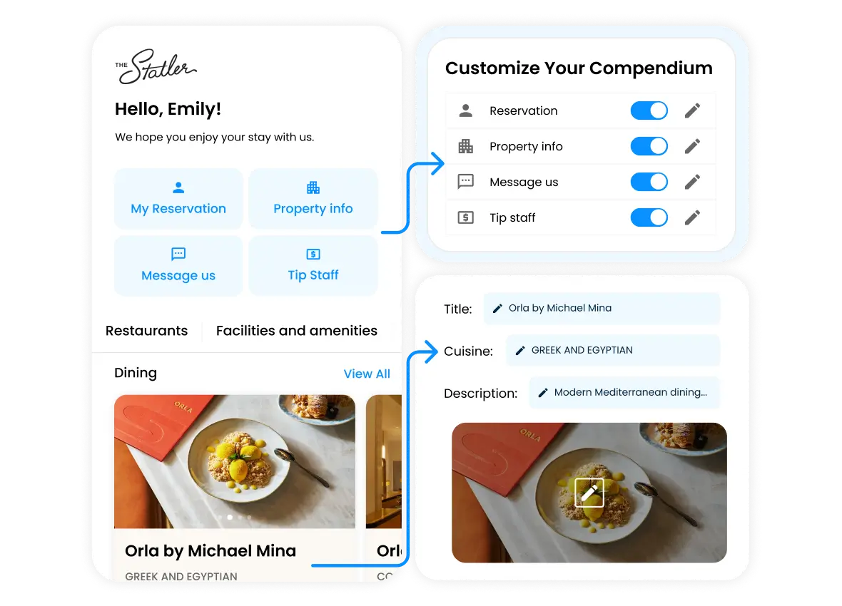 Interface showing personalized hotel welcome screen for Emily with options for reservation, property info, messaging, and tipping staff, plus restaurant details for Orla by Michael Mina featuring Greek and Egyptian cuisine.