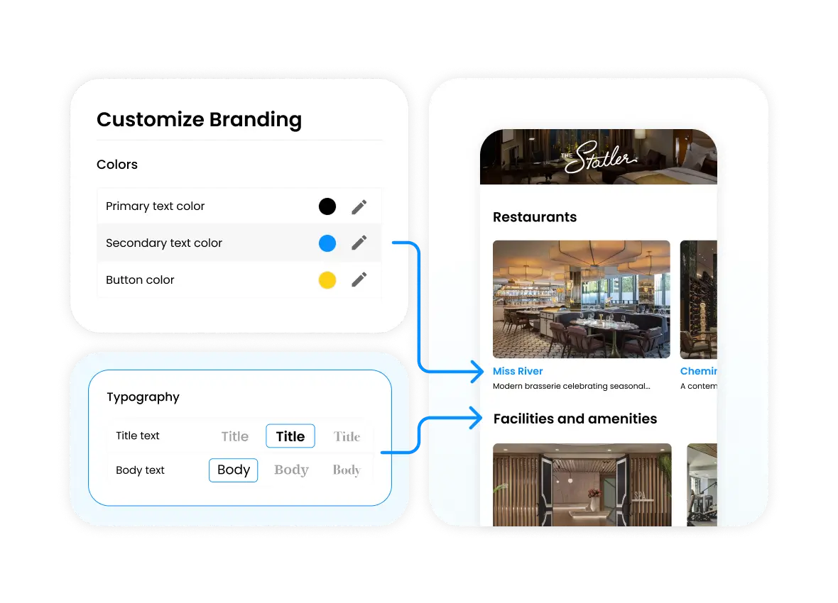 User interface showing Customize Branding options for text and button colors and typography settings linked to a mobile hotel app preview featuring restaurants and amenities.