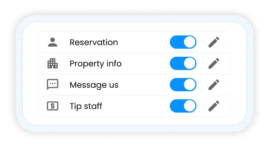 Toggle switches for enabling Reservation, Property info, Message us, and Tip staff options, each with an edit icon.