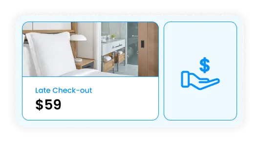 Hotel room bed with white linens and late check-out offer for $59 with a hand holding a dollar sign icon.