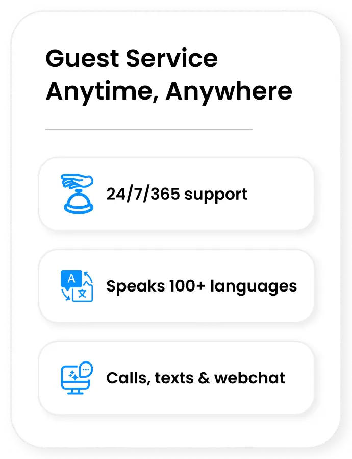 Guest service features including 24/7/365 support, speaking 100+ languages, and availability via calls, texts, and webchat.