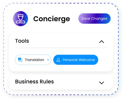 User interface section titled Concierge with buttons for Translation and Personal Welcome under Tools, and a Save Changes button.