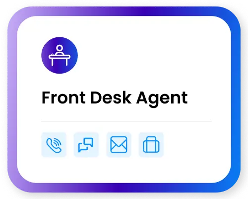 Card with a purple and blue gradient border showing an icon of a person behind a desk and the text 'Front Desk Agent' above icons for phone, chat, email, and luggage services.