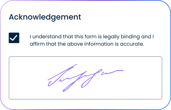 Form section with a checked acknowledgment box and a purple signature in a signature field.