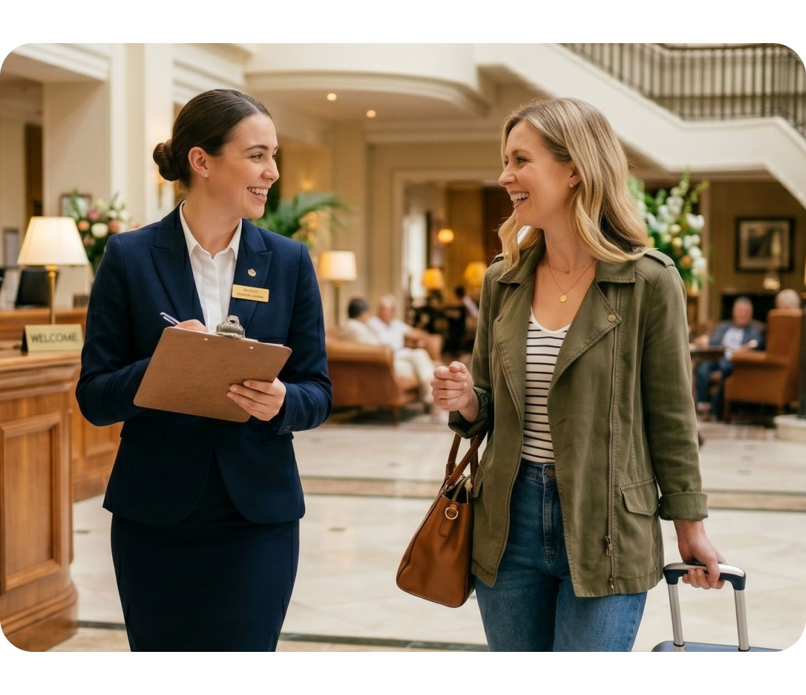 Hotel staff with clipboard assisting smiling female traveler holding purse and suitcase in lobby.