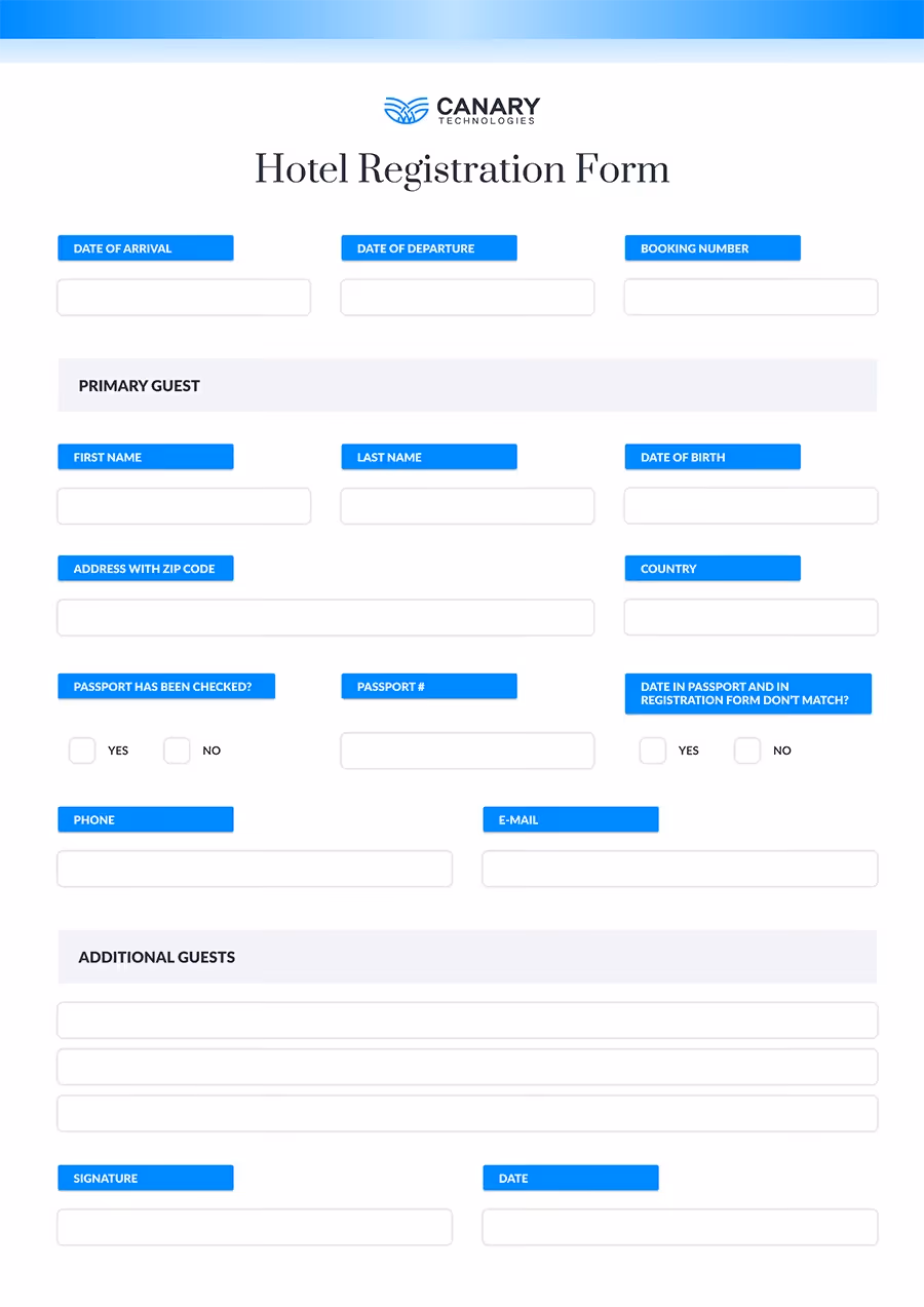 Hotel Registration Card Example