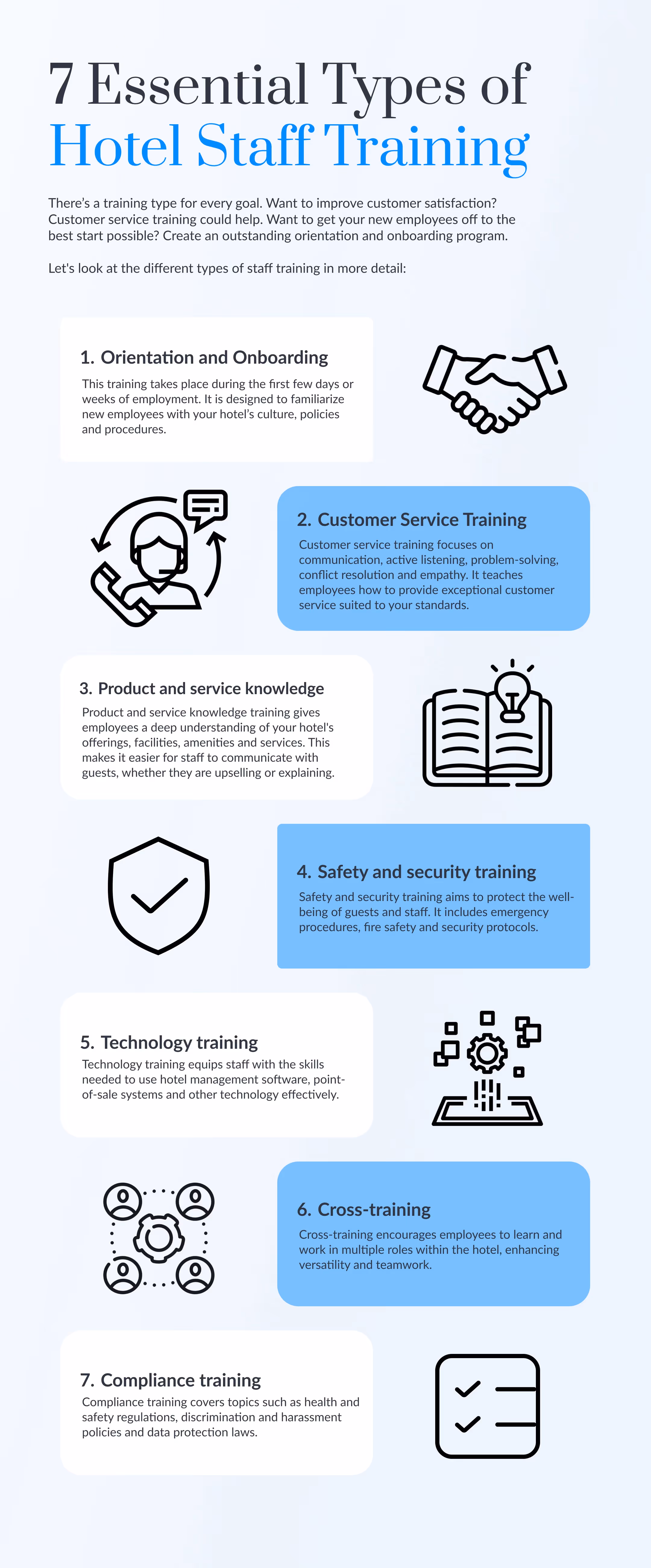 7 Essential Types of Hotel Staff Training infographic