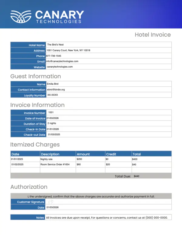 hotel invoice example