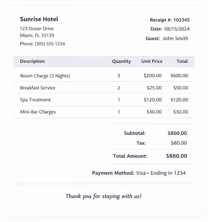 simple hotel receipt example