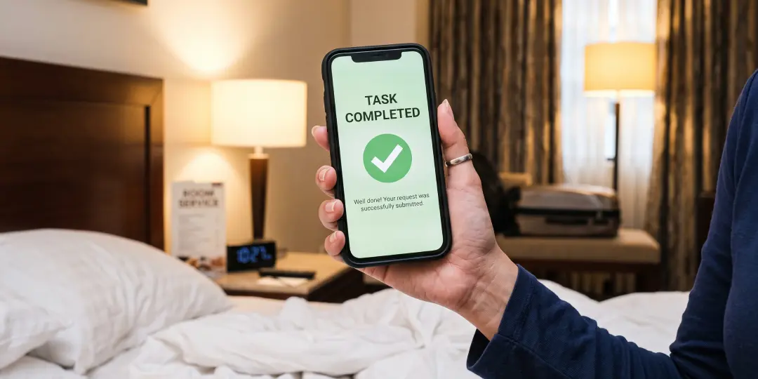 An AI Agent telling someone holding a phone or at a computer screen the task is completed.