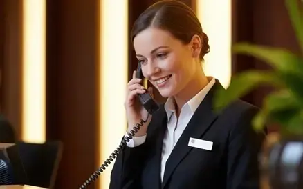 Une femme répond au téléphone à la réception.