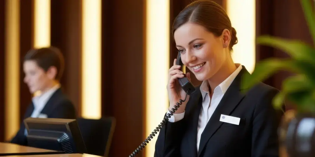 Woman answering the phone at the front desk.