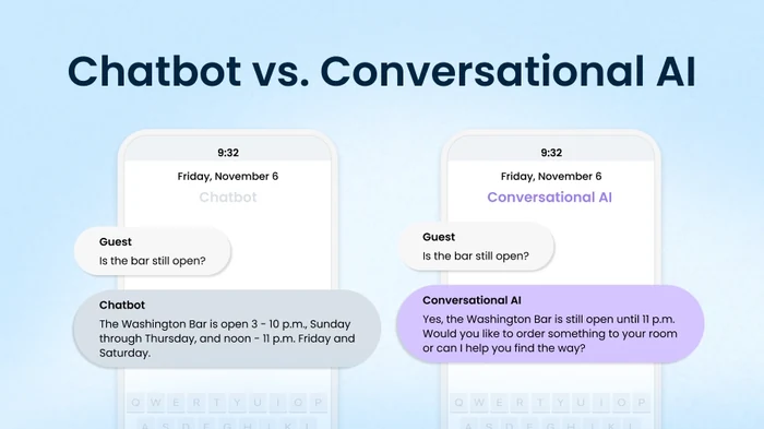 hatbot vs. conversational AI replies to 'Is the bar still open?': weekly hours versus a direct answer and an offer
