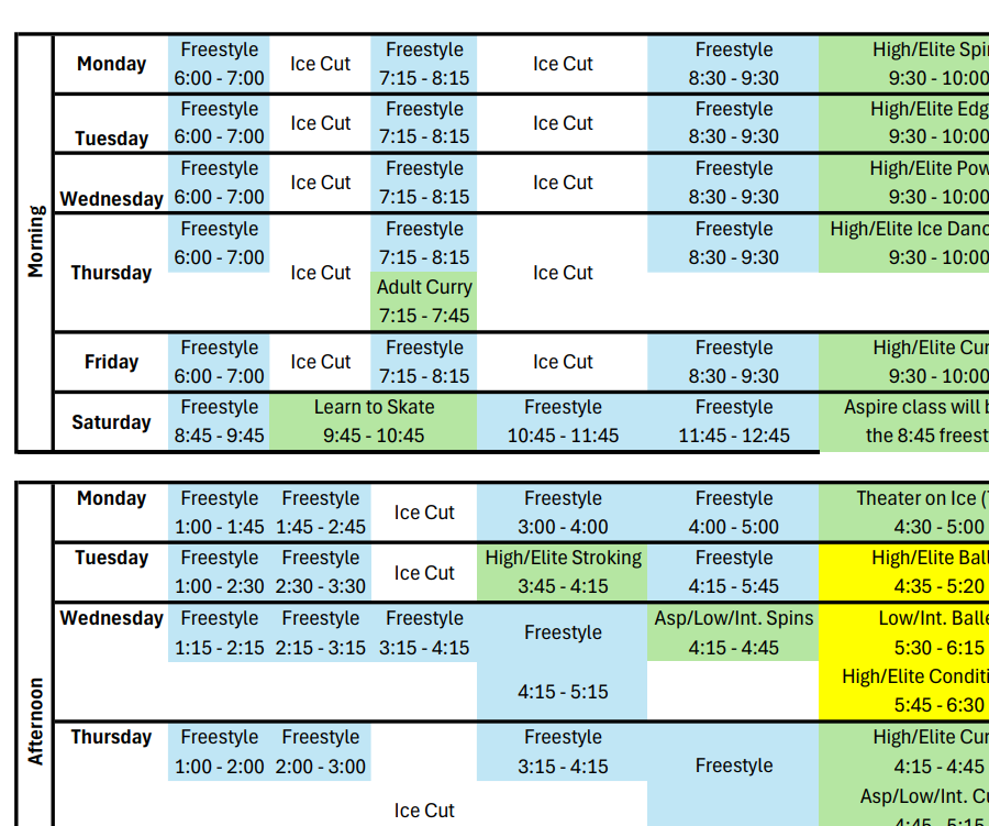 Ice skating schedule divided into morning and afternoon sessions, showing freestyle, ice cut, high/elite, adult curry, learn to skate, and various specialized skating classes from Monday to Saturday with time slots and color-coded categories.