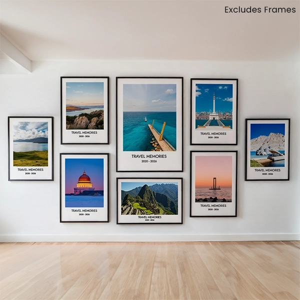 Gallery wall display featuring A1 and A2 personalised photo posters in a home setting