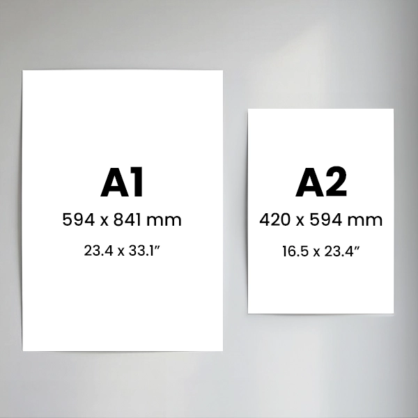 A1 and A2 poster size comparison showing dimensions in millimetres and inches