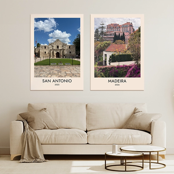 Two A1 personalised photo posters displayed as wall art in a home