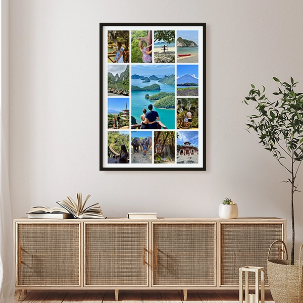 Black and white wedding photo poster displayed on a living room wall