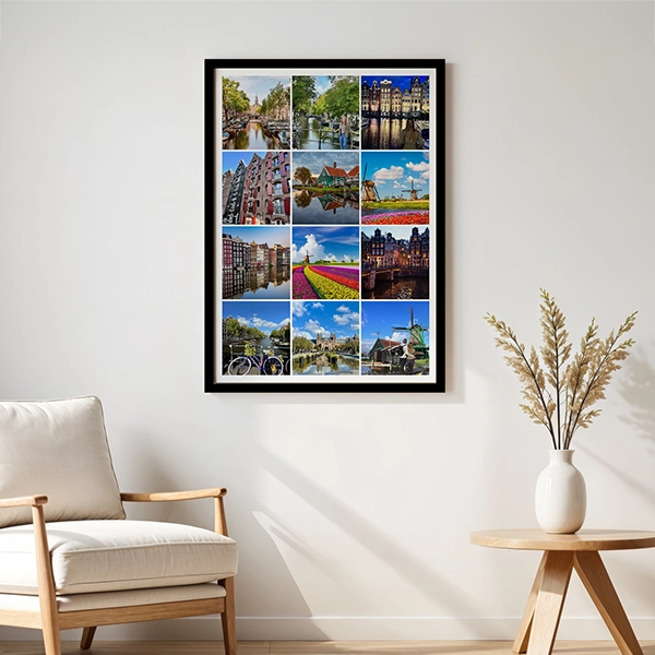 Black and white wedding photo poster displayed on a living room wall