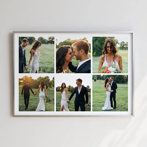 Black and white wedding photo poster displayed on a living room wall