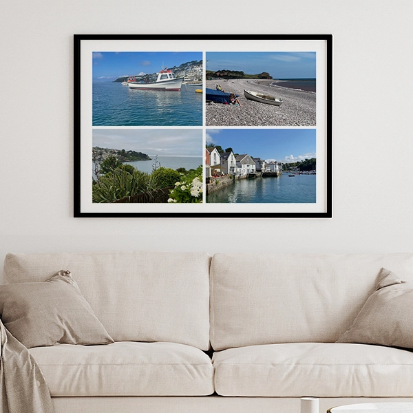 Black and white wedding photo poster displayed on a living room wall