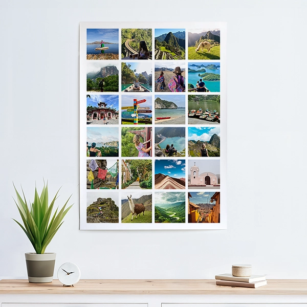 Black and white wedding photo poster displayed on a living room wall