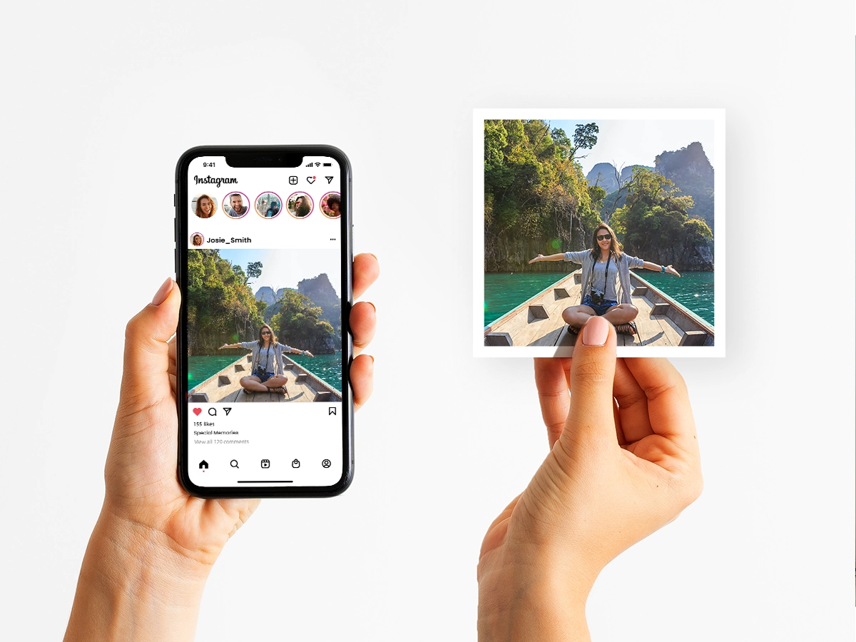 An iPhone displaying a person's Instagram photo, with a hand holding a printed version of the same photo beside it, showcasing the transition from digital to physical print.