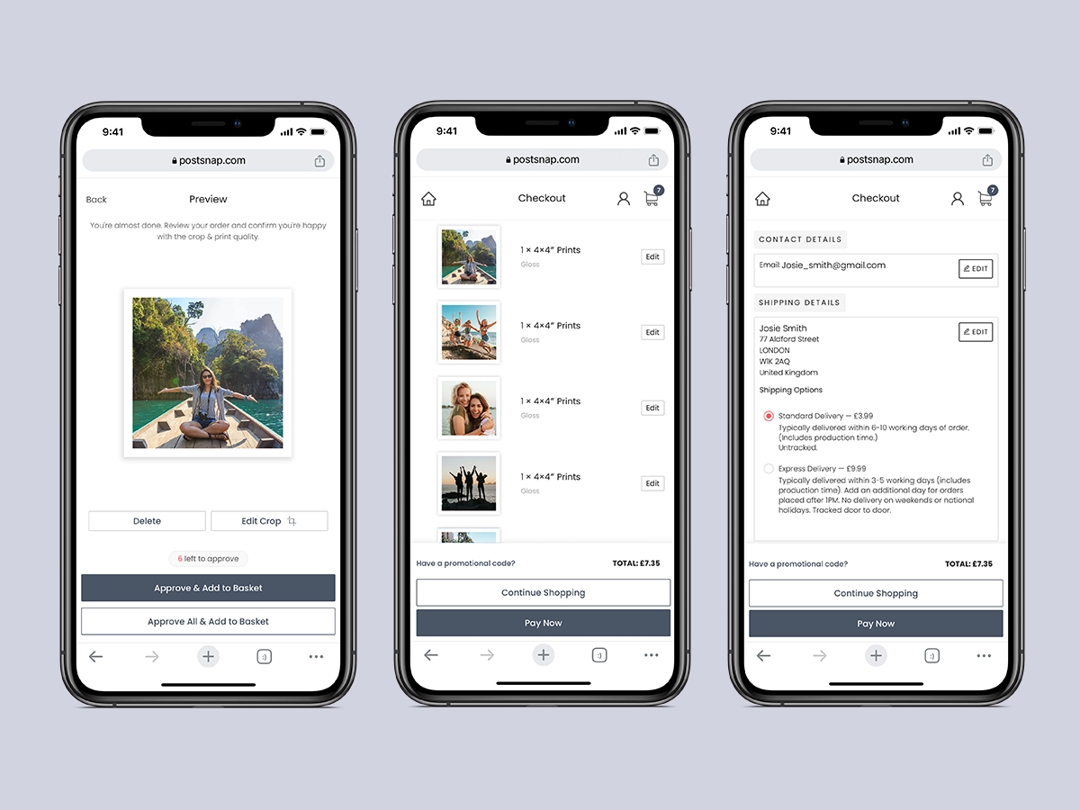 Three phones displaying the Postsnap website, each showing different stages of the editing and checkout process for photo prints, highlighting options for customisation and order completion.